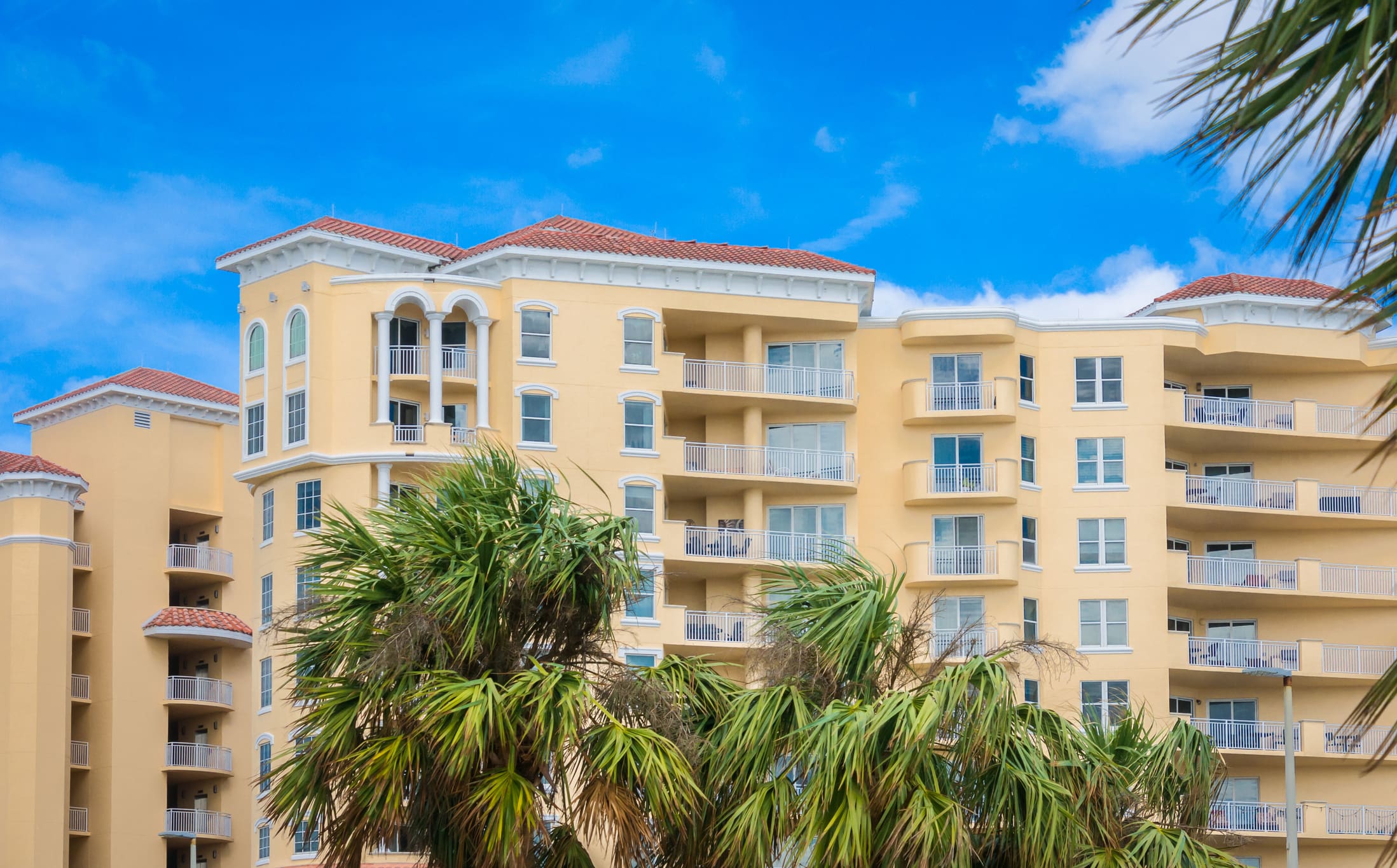 The architecture of an attractive condominium building steps from the beach in Daytona Beach, Florida